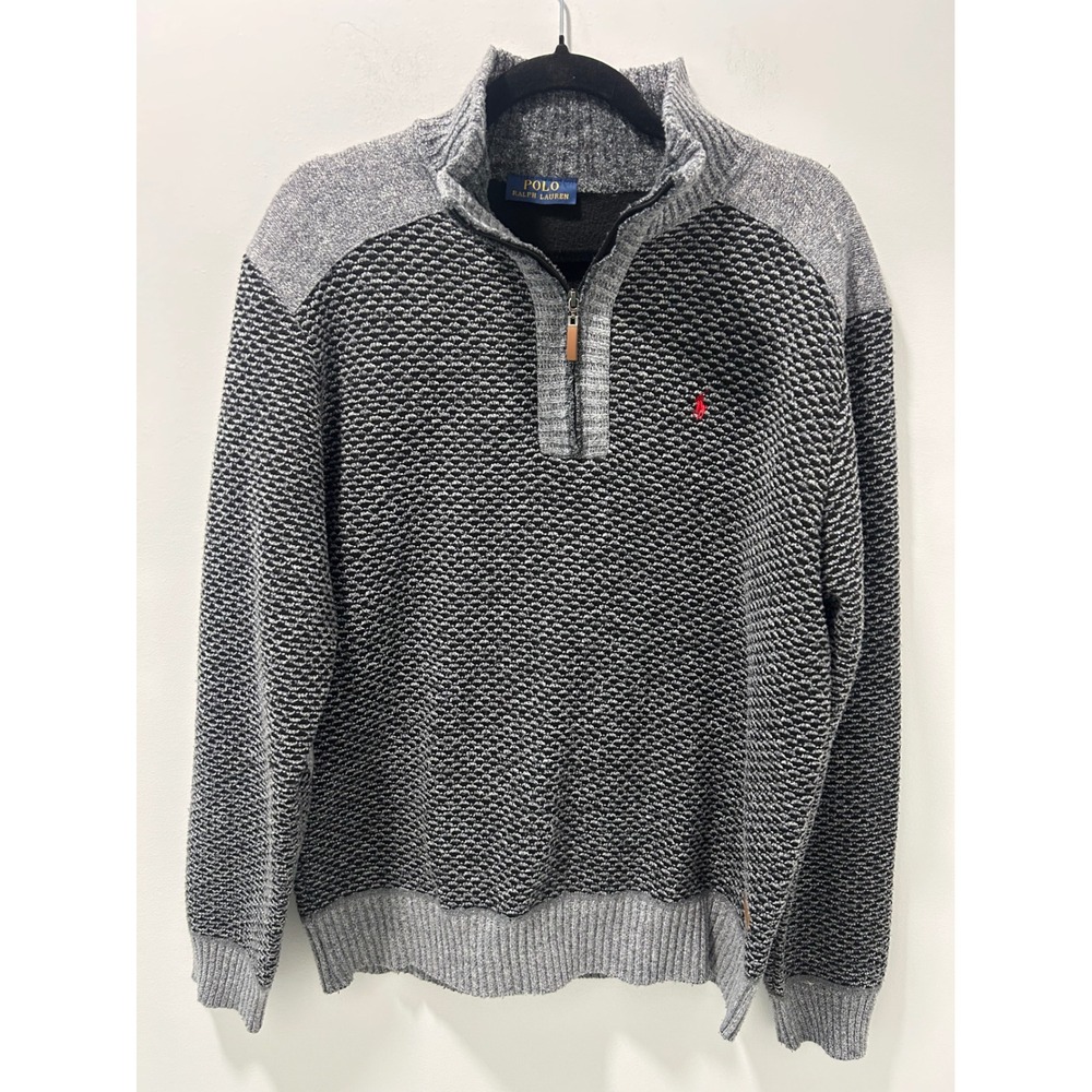 Polo Ralph Lauren Men Quarter Zip Birdseye Knit Sweater Grey Elbow Patches Large